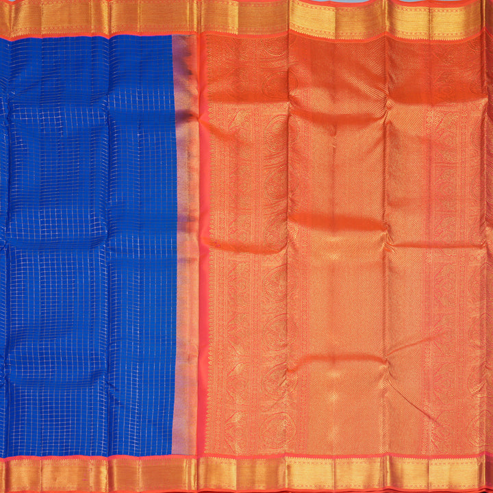 Hayagrivas Handloom Blue Kanjivaram Silk Saree with Pinkish-Orange Border KBF569G13-1
