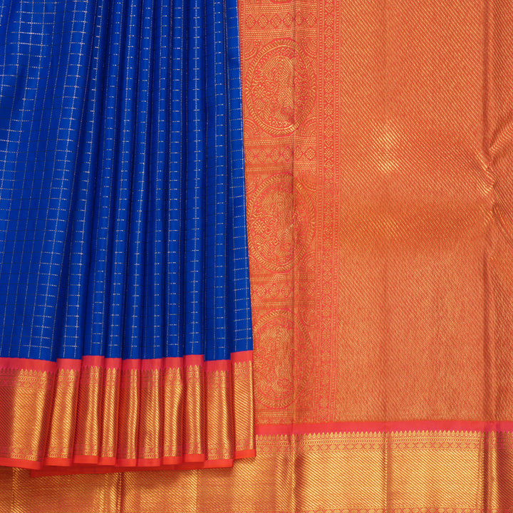 Hayagrivas Handloom Blue Kanjivaram Silk Saree with Pinkish-Orange Border KBF569G13-1