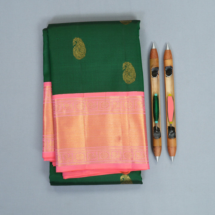 Hayagrivas Handloom Bottle Green Kanjivaram Silk Saree with Peach Pink Border KBF569G13-4