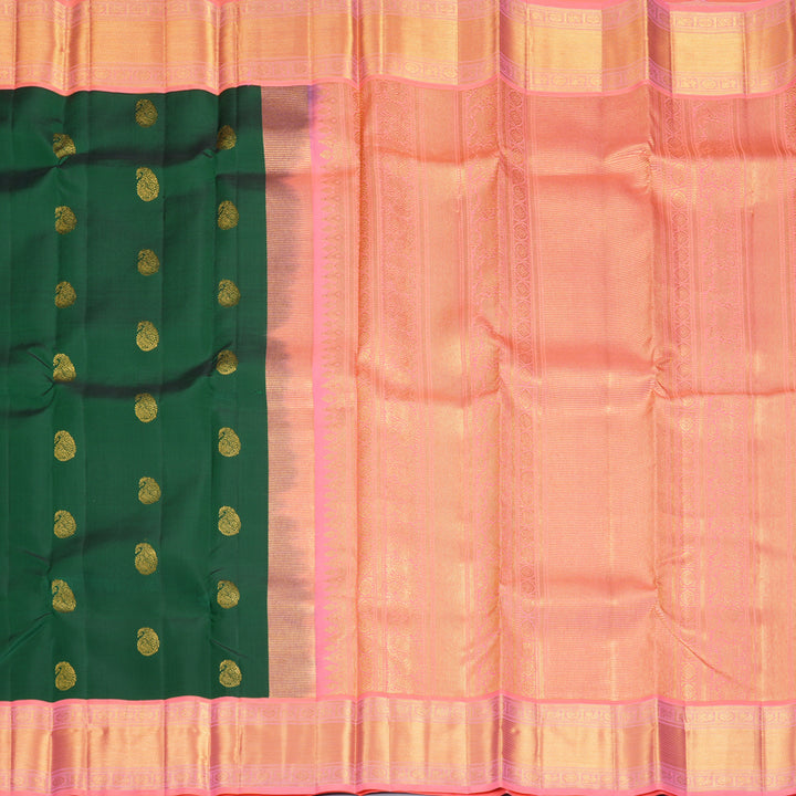 Hayagrivas Handloom Bottle Green Kanjivaram Silk Saree with Peach Pink Border KBF569G13-4
