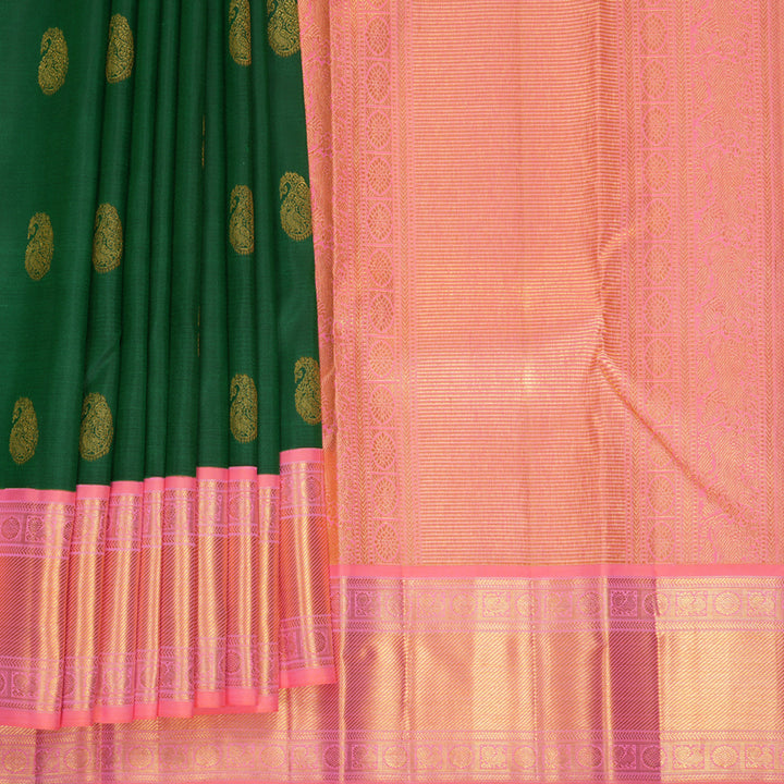 Hayagrivas Handloom Bottle Green Kanjivaram Silk Saree with Peach Pink Border KBF569G13-4