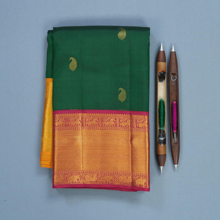 Hayagrivas Handloom Bottle Green Kanjivaram Silk Saree with Ganga Jamuna Border KBF569G13-5