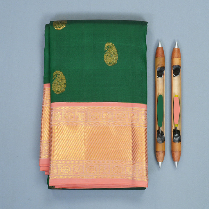 Hayagrivas Handloom Bottle Green Kanjivaram Silk Saree with Peach Orange Border KBF569G13-7