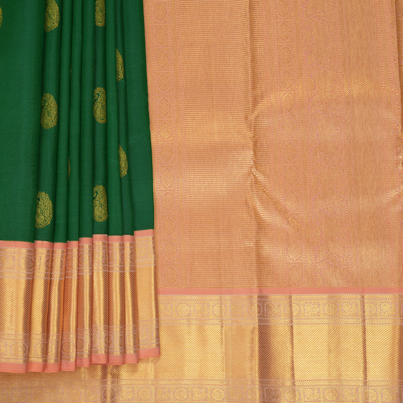 Hayagrivas Handloom Bottle Green Kanjivaram Silk Saree with Peach Orange Border KBF569G13-7