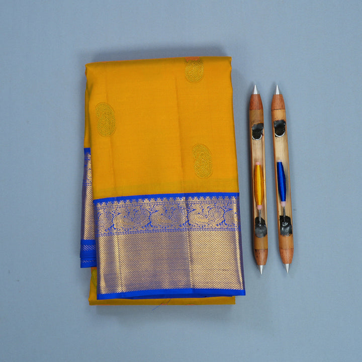 Hayagrivas Handloom Mustard Yellow Kanjivaram Silk Saree with MS Blue Border KBF569G13-8