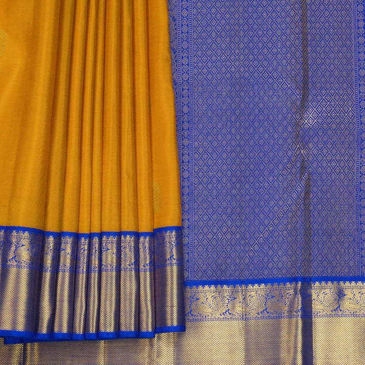 Hayagrivas Handloom Mustard Yellow Kanjivaram Silk Saree with MS Blue Border KBF569G13-8