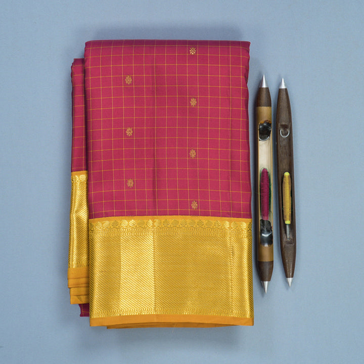 Hayagrivas Handloom Reddish-Pink Kanjivaram Silk Saree with Mustard Yellow Border KBF569G15-2