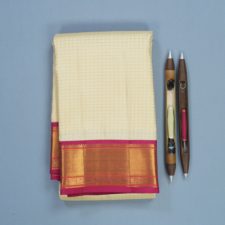 Hayagrivas Handloom Half-White Kanjivaram Silk Saree with Pink Border KBF569G16-1