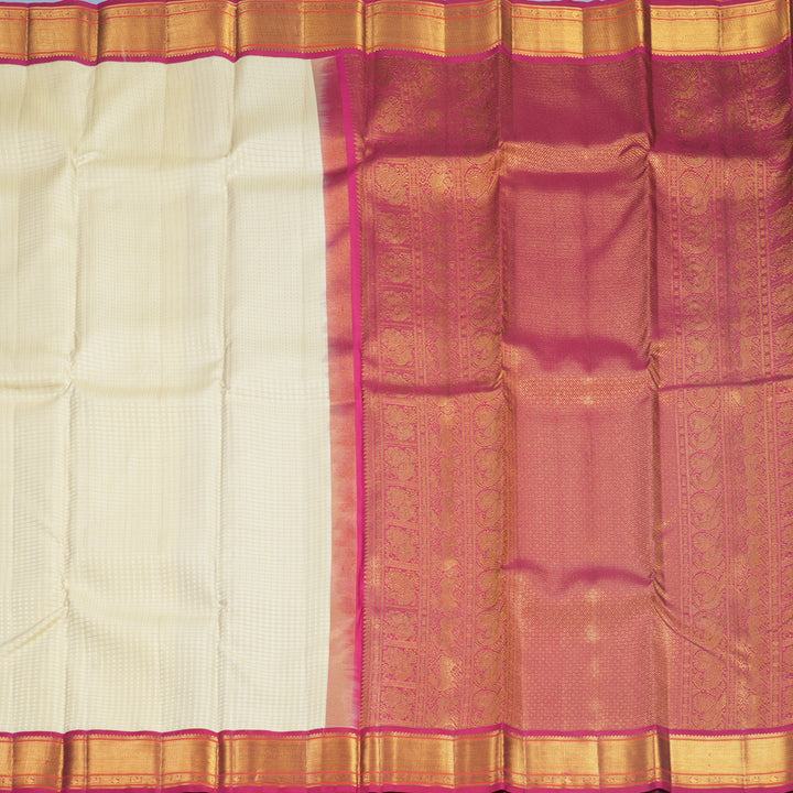 Hayagrivas Handloom Half-White Kanjivaram Silk Saree with Pink Border KBF569G16-1