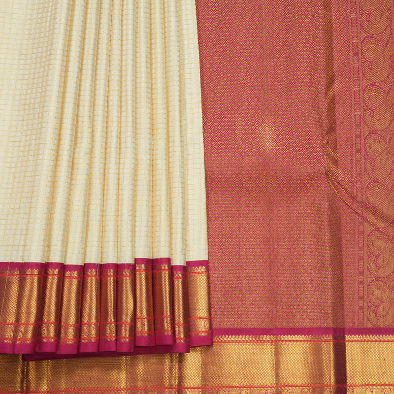 Hayagrivas Handloom Half-White Kanjivaram Silk Saree with Pink Border KBF569G16-1