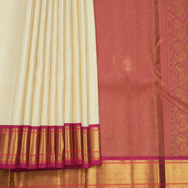 Hayagrivas Handloom Half-White Kanjivaram Silk Saree with Pink Border KBF569G16-1