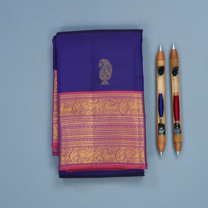Hayagrivas Handloom MS Blue Kanjivaram Silk Saree with Rust Pink Border KBF569G4-3
