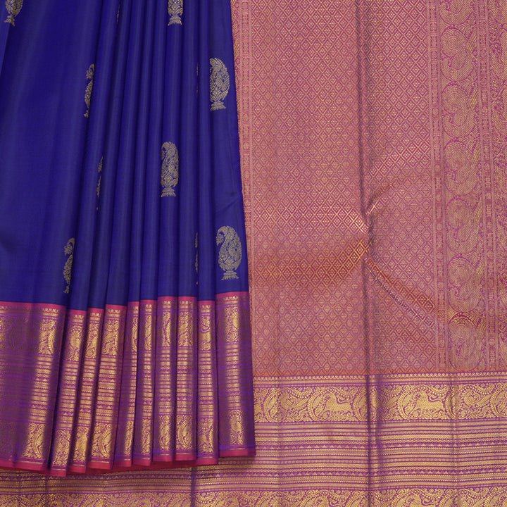 Hayagrivas Handloom MS Blue Kanjivaram Silk Saree with Rust Pink Border KBF569G4-3