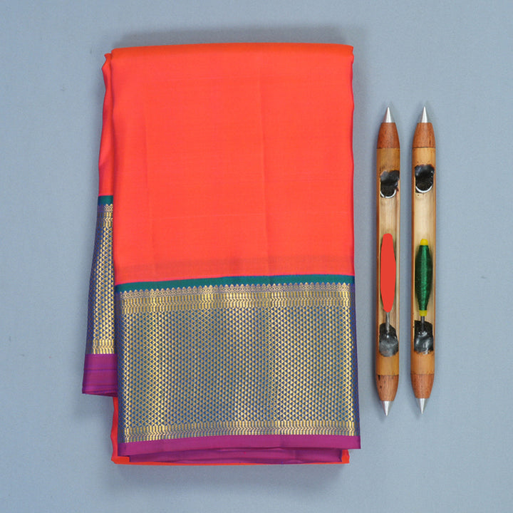 Hayagrivas Handloom Bright Orangish-Pink Kanjivaram Silk Saree with Mayilkazhuthu Border KBF569G5-1