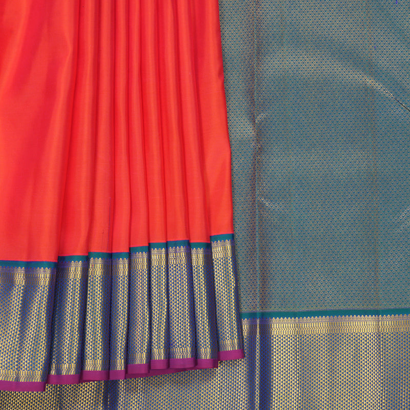 Hayagrivas Handloom Bright Orangish-Pink Kanjivaram Silk Saree with Mayilkazhuthu Border KBF569G5-1