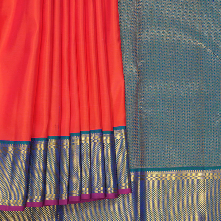 Hayagrivas Handloom Bright Orangish-Pink Kanjivaram Silk Saree with Mayilkazhuthu Border KBF569G5-1