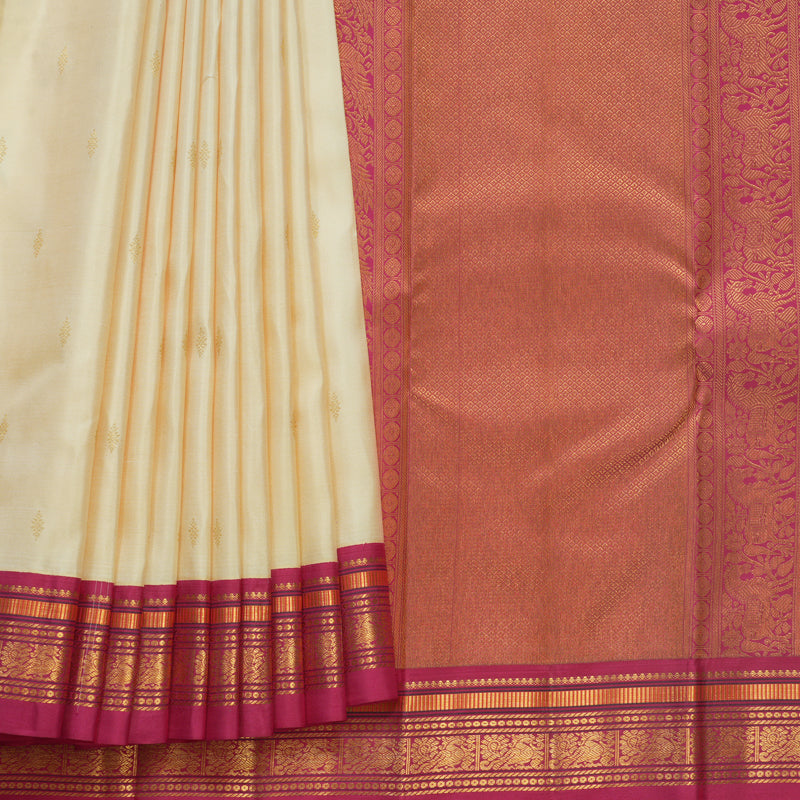 Hayagrivas Handloom Ivory Kanjivaram Silk Saree with Pink Border KBF569G6-1