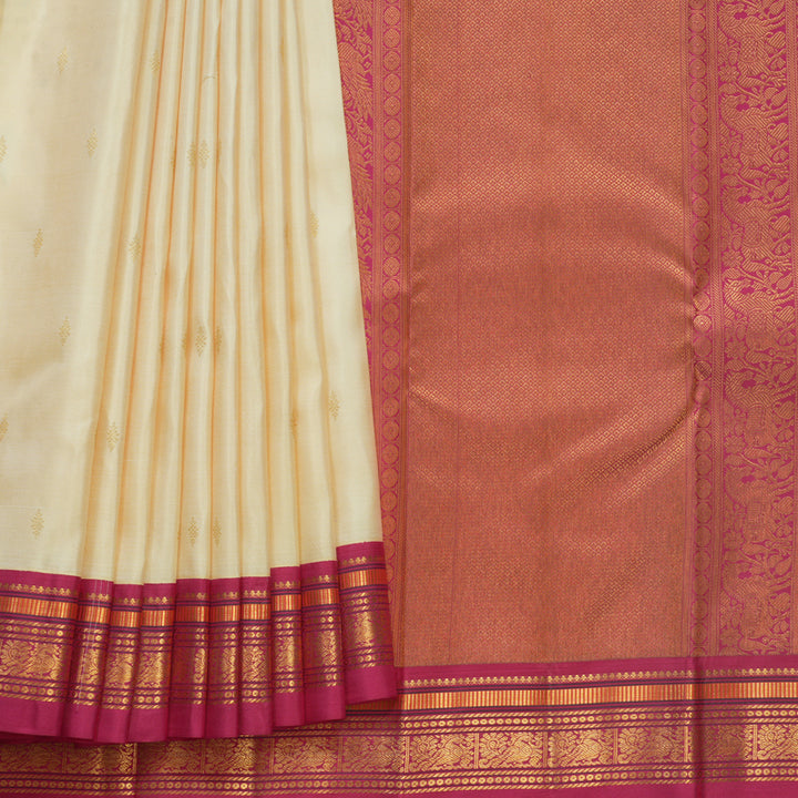 Hayagrivas Handloom Ivory Kanjivaram Silk Saree with Pink Border KBF569G6-1