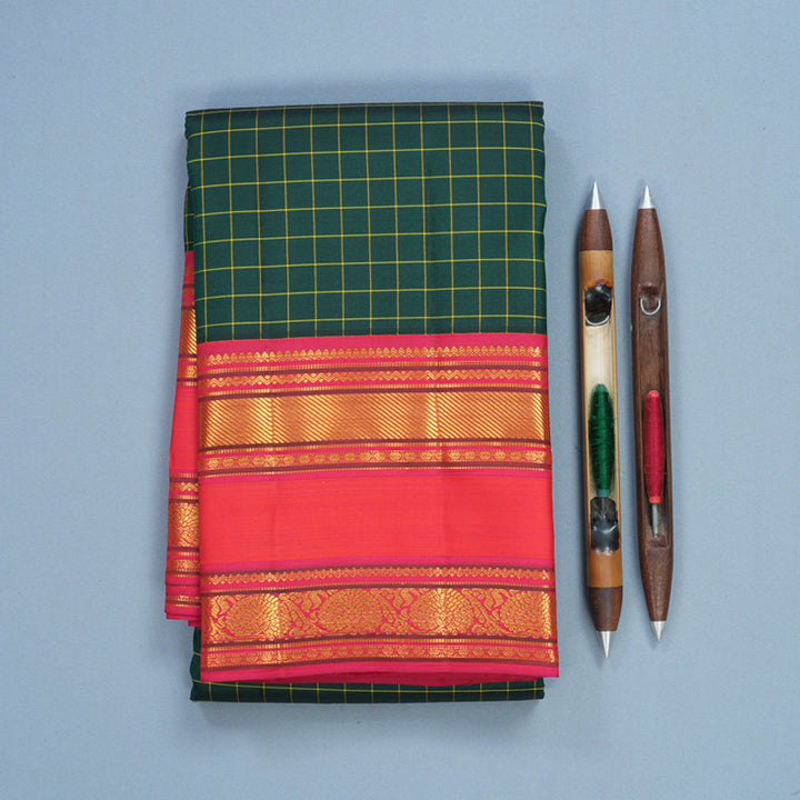 Hayagrivas Handloom Bottle Green Kanjivaram Silk Saree with Reddish-Pink Border KBF569G9-2