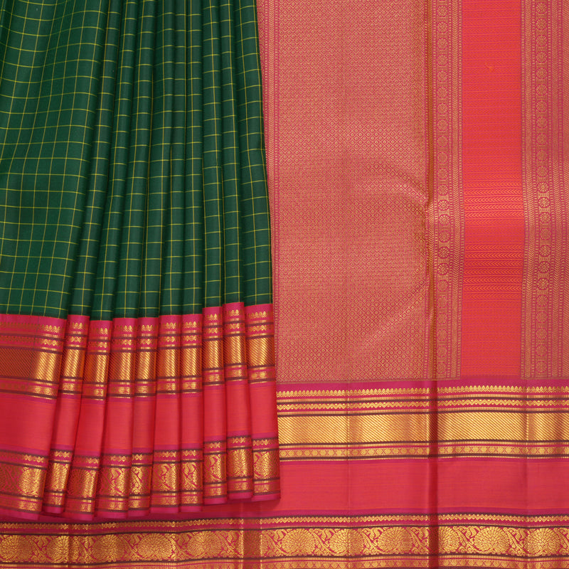 Hayagrivas Handloom Bottle Green Kanjivaram Silk Saree with Reddish-Pink Border KBF569G9-2