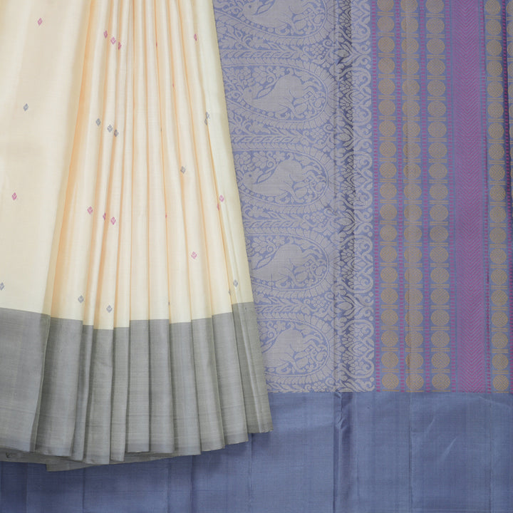 Hayagrivas Handloom Half-White Kanjivaram Silk Saree with Ganga Jamuna Border KBF570G4-2