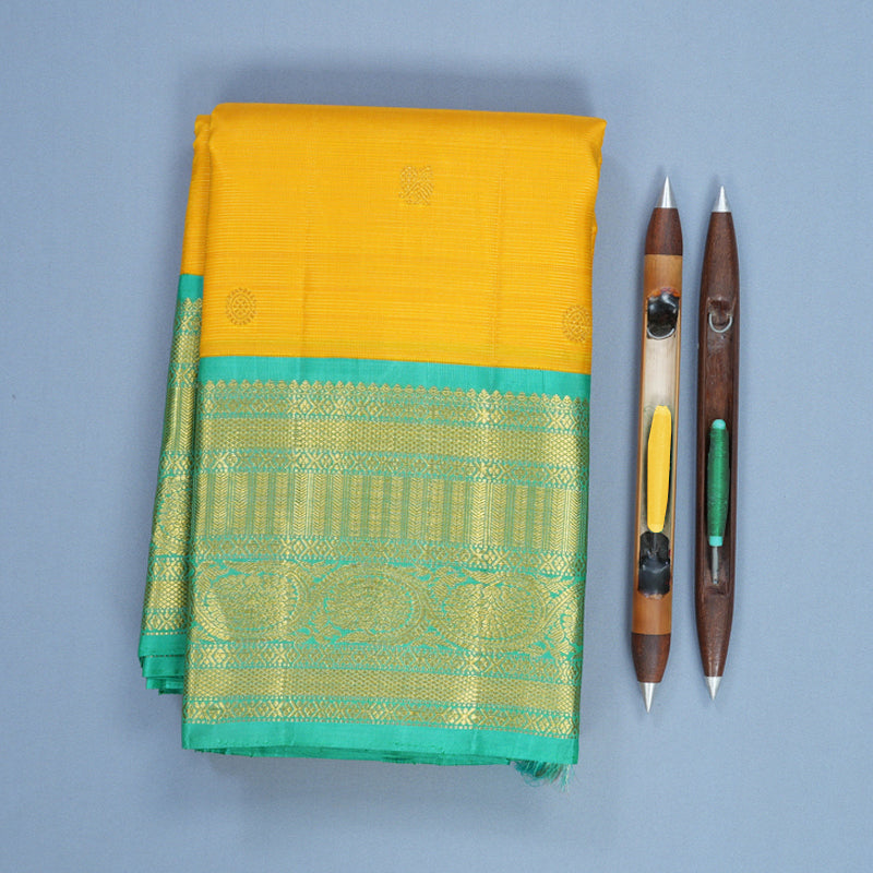 Hayagrivas Handloom Yellow Kanjivaram Silk Saree with Sea Green Border KBF571G10-1