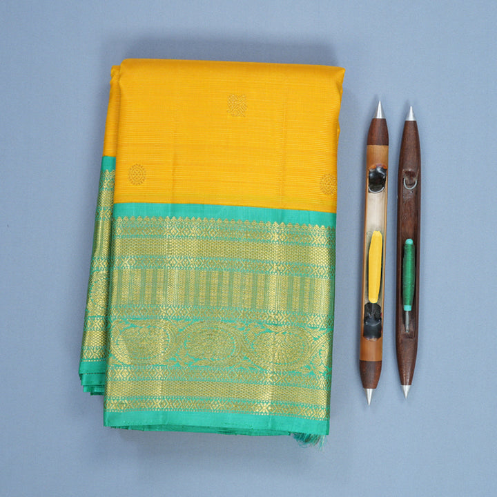 Hayagrivas Handloom Yellow Kanjivaram Silk Saree with Sea Green Border KBF571G10-1
