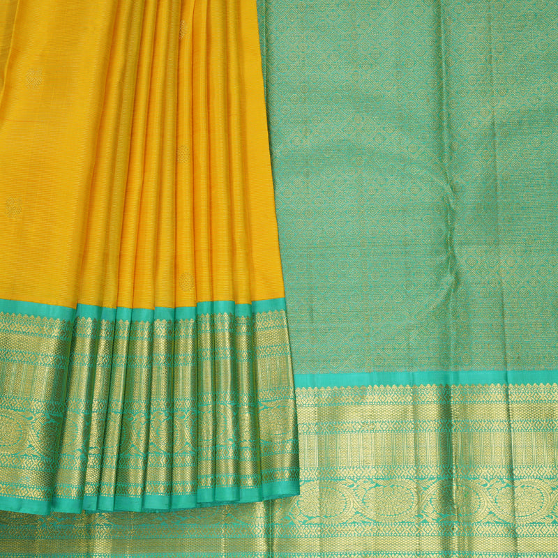 Hayagrivas Handloom Yellow Kanjivaram Silk Saree with Sea Green Border KBF571G10-1