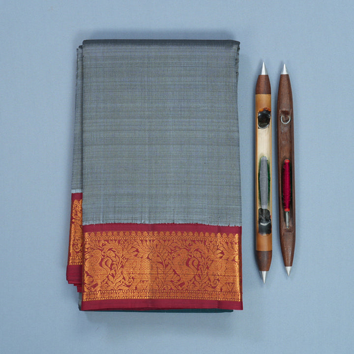 Hayagrivas Handloom Grey Kanjivaram Silk Saree with Maroon Border KBF571G2-5