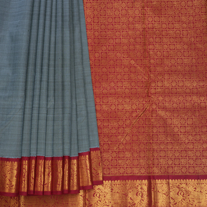 Hayagrivas Handloom Grey Kanjivaram Silk Saree with Maroon Border KBF571G2-5