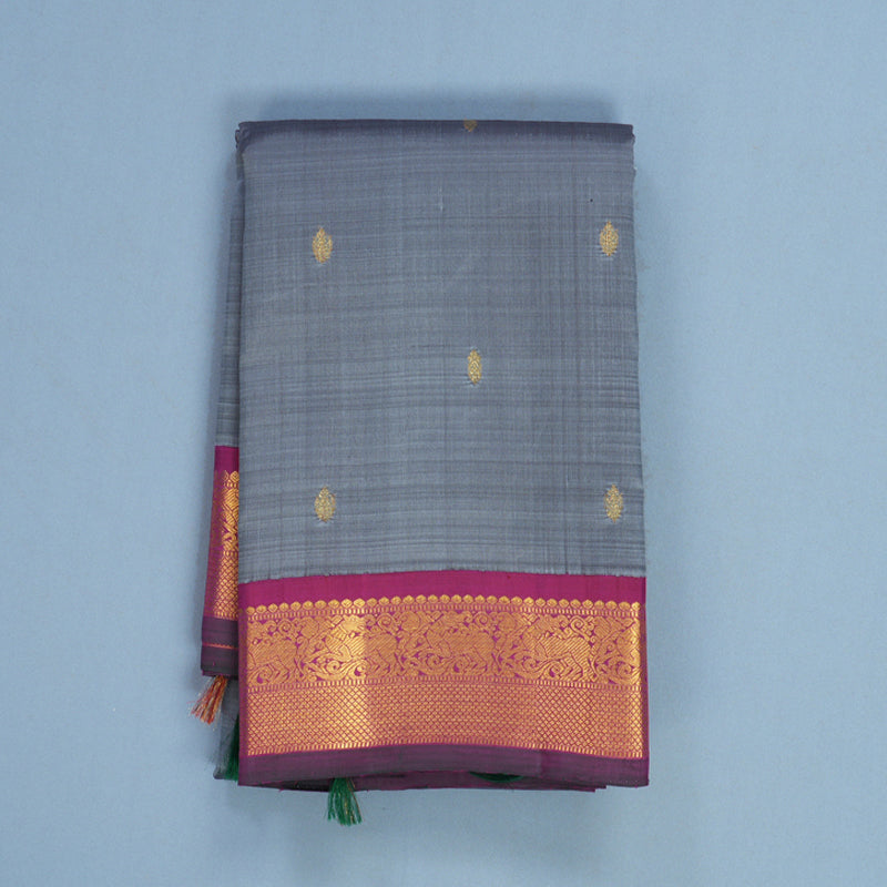 Hayagrivas Handloom Grey Kanjivaram Silk Saree with Burgundy Border KBF571G3-5