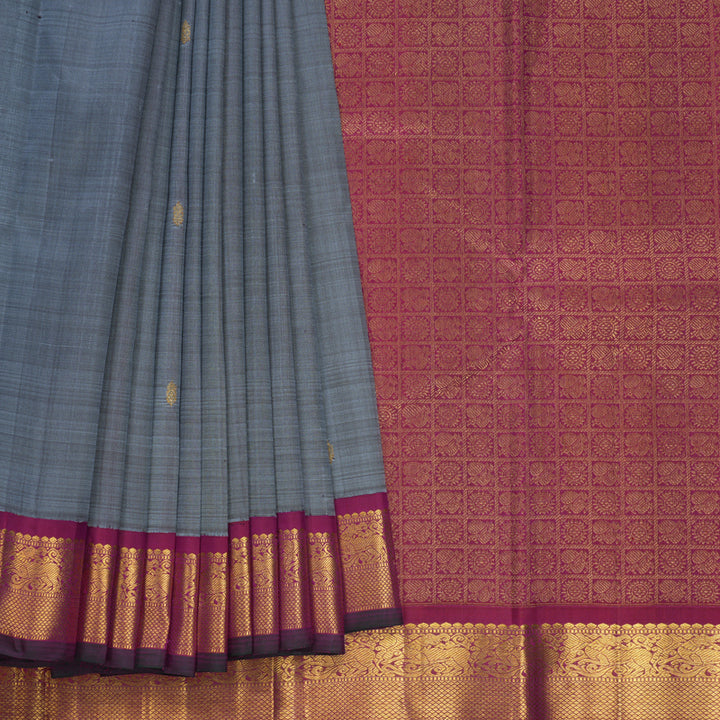 Hayagrivas Handloom Grey Kanjivaram Silk Saree with Burgundy Border KBF571G3-5