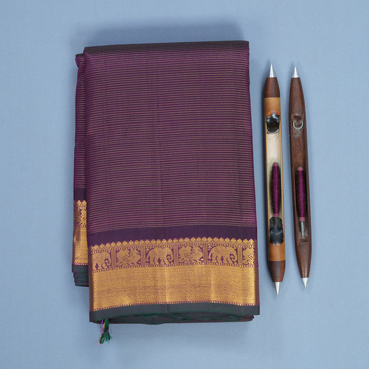 Hayagrivas Handloom Purple Kanjivaram Silk Saree with Bottle Green Selvedge Border KBF571G5-1