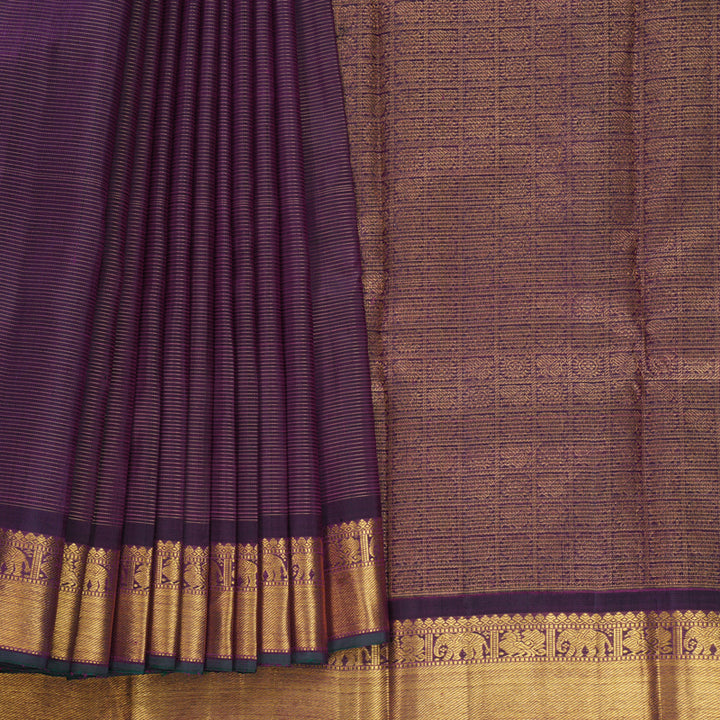 Hayagrivas Handloom Purple Kanjivaram Silk Saree with Bottle Green Selvedge Border KBF571G5-1