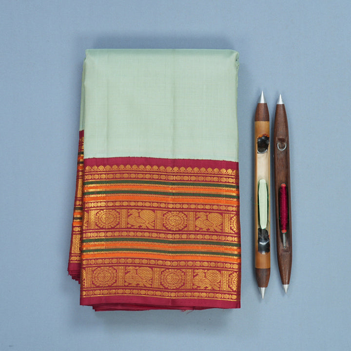 Hayagrivas Handloom Powder Green Kanjivaram Silk Saree with Maroon Border KBF571G8-2