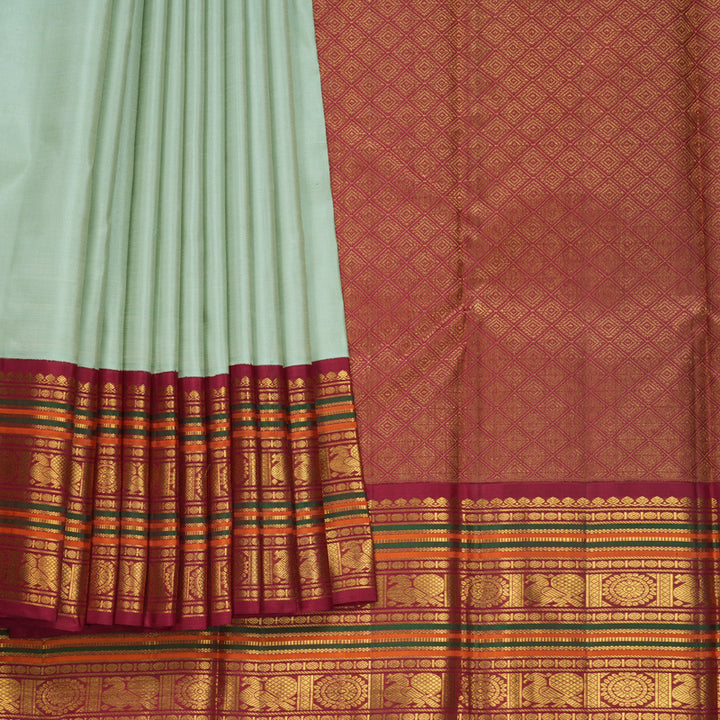 Hayagrivas Handloom Powder Green Kanjivaram Silk Saree with Maroon Border KBF571G8-2