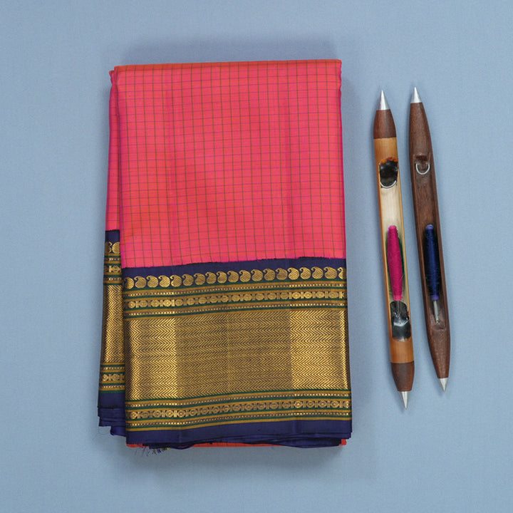 Hayagrivas Handloom Orangish-Pink Kanjivaram Silk Saree with Navy Blue Border KBF571G8-4