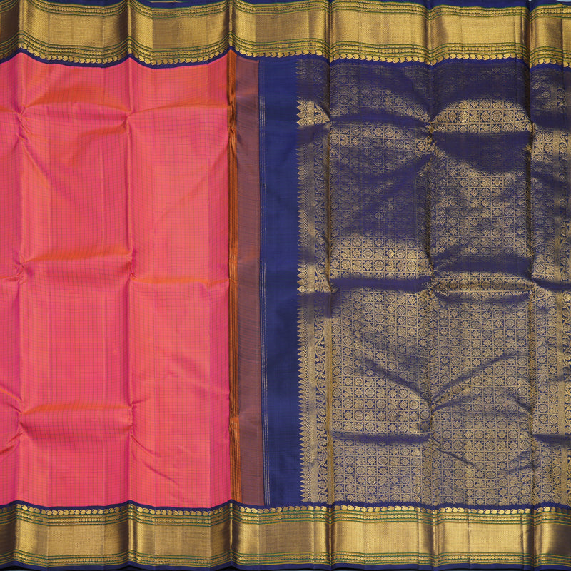 Hayagrivas Handloom Orangish-Pink Kanjivaram Silk Saree with Navy Blue Border KBF571G8-4