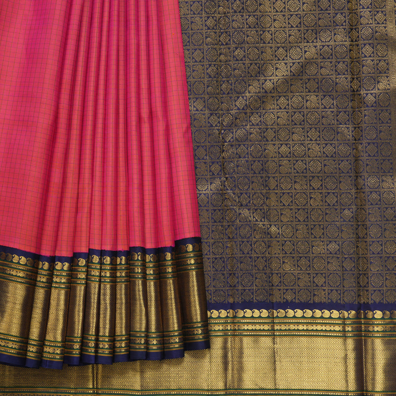 Hayagrivas Handloom Orangish-Pink Kanjivaram Silk Saree with Navy Blue Border KBF571G8-4