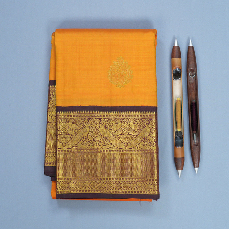 Hayagrivas Handloom Mambazham Orange Kanjivaram Silk Saree with Deep Wine Border KBF571G9-1