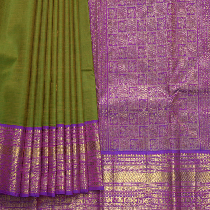 Hayagrivas Handloom Sampanga Green Kanjivaram Silk Saree with Purple Border KBF571G9-15