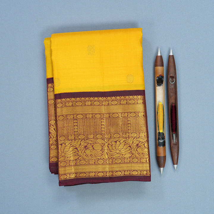 Hayagrivas Handloom Yellow Kanjivaram Silk Saree with Wine Maroon Border KBF571G9-7