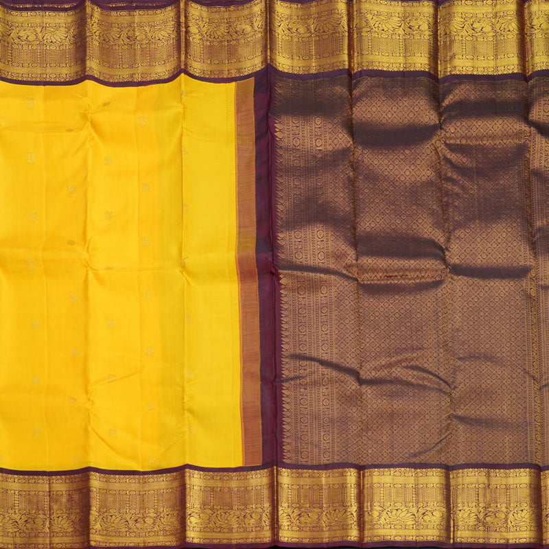 Hayagrivas Handloom Yellow Kanjivaram Silk Saree with Wine Maroon Border KBF571G9-7