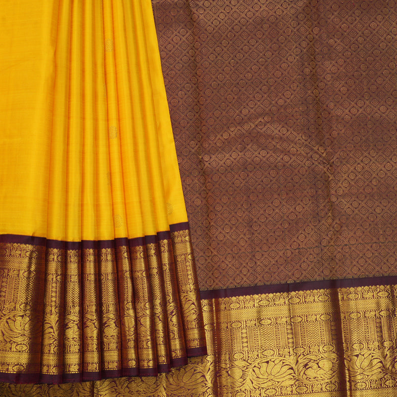 Hayagrivas Handloom Yellow Kanjivaram Silk Saree with Wine Maroon Border KBF571G9-7