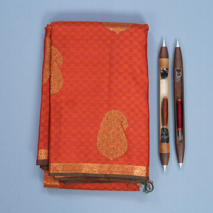 Hayagrivas Handloom Orange Carpet Checks Kanjivaram Silk Saree with Manthalir Selvedge Border KBF572G11-1