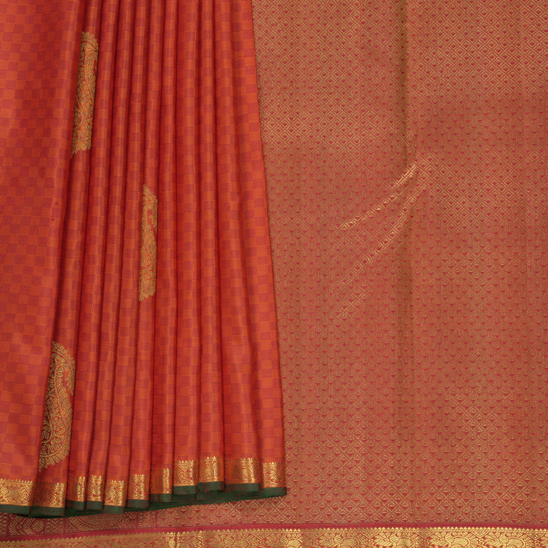 Hayagrivas Handloom Orange Carpet Checks Kanjivaram Silk Saree with Manthalir Selvedge Border KBF572G11-1