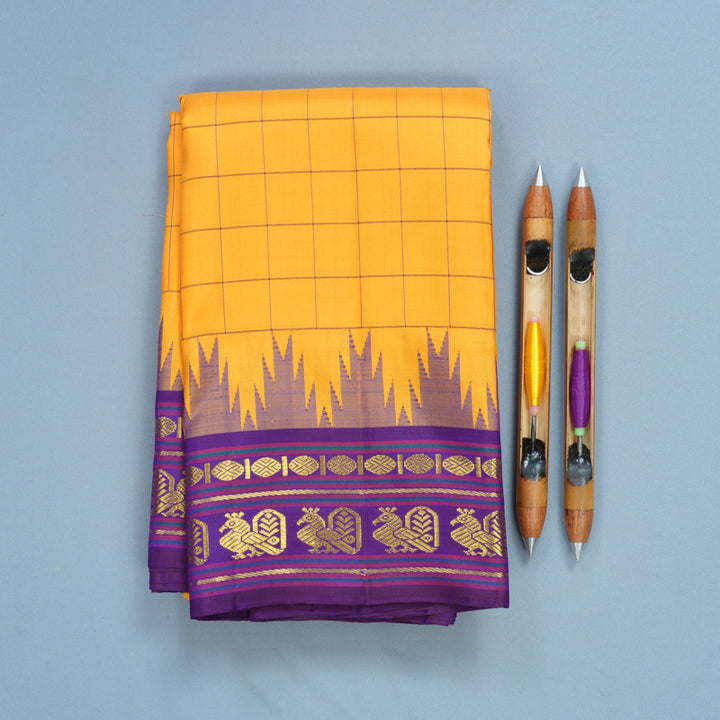 Hayagrivas Handloom Turmeric Yellow Kanjivaram Silk Saree with Purple Border KBF572G5-1