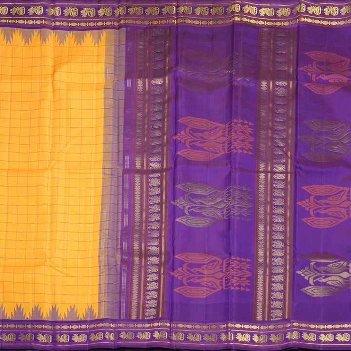 Hayagrivas Handloom Turmeric Yellow Kanjivaram Silk Saree with Purple Border KBF572G5-1