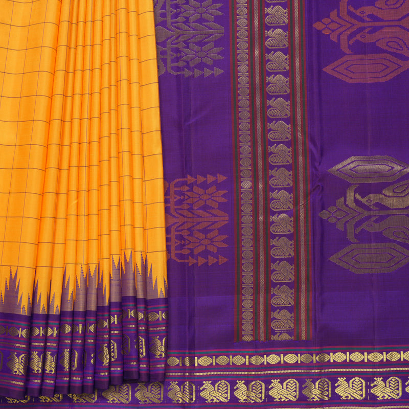 Hayagrivas Handloom Turmeric Yellow Kanjivaram Silk Saree with Purple Border KBF572G5-1