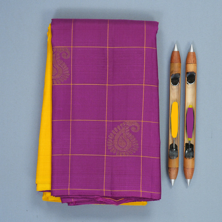Hayagrivas Handloom Yellow Kanjivaram Silk Saree with Purple Border KBF573G2-2